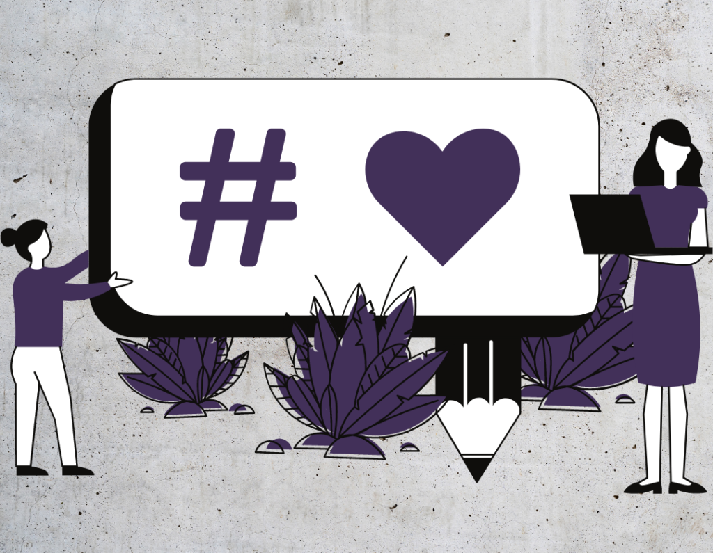 purple graphic with hashtag