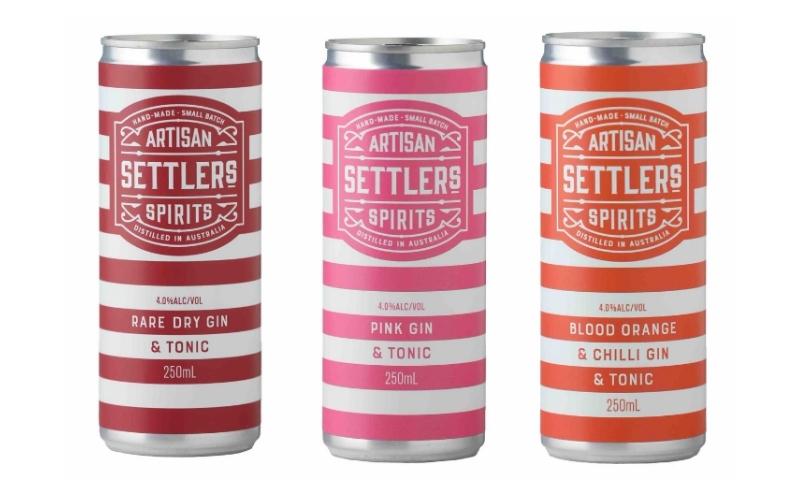 Settlers Artisan Spirits bottle packaging new package rare dry gin & tonic pink gin & tonic Blood orange & tonic