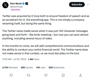 Elon Musk tweet about Twitter X