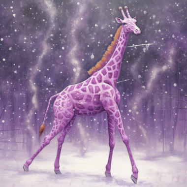 Purple Giraffe dancing in the snow, generated by Midjourney