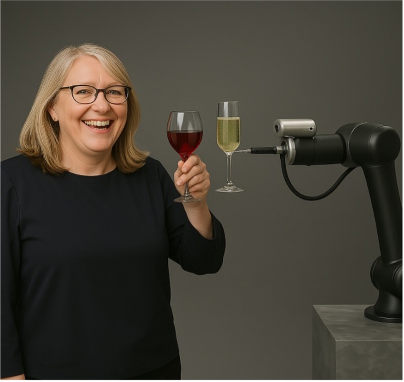 AI generated photo of Lynda Schenk displaying how AI can help your wine marketing.