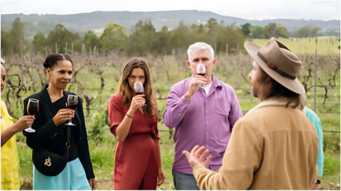Winery guests enjoying a wine tasting experience out in the vineyard.