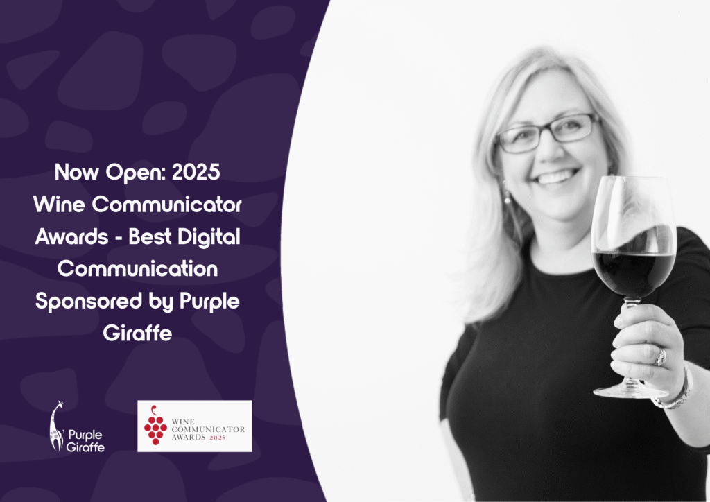 Lynda, our founder, holding a glass of wine in celebration of the Wine Communicator Awards 2025