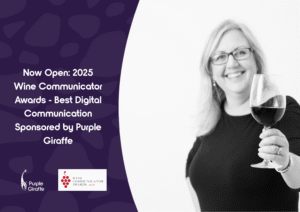 Lynda, our founder, holding a glass of wine in celebration of the Wine Communicator Awards 2025